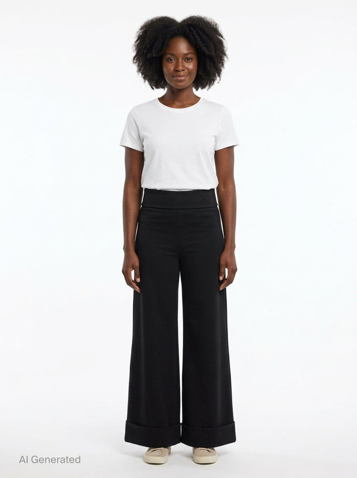 Junya Watanabe straight-leg minimal pants in black, featuring a fold-over waistband, wide silhouette, centre-front seam, and deep turned cuff at the hem, displayed flat on a white background - front