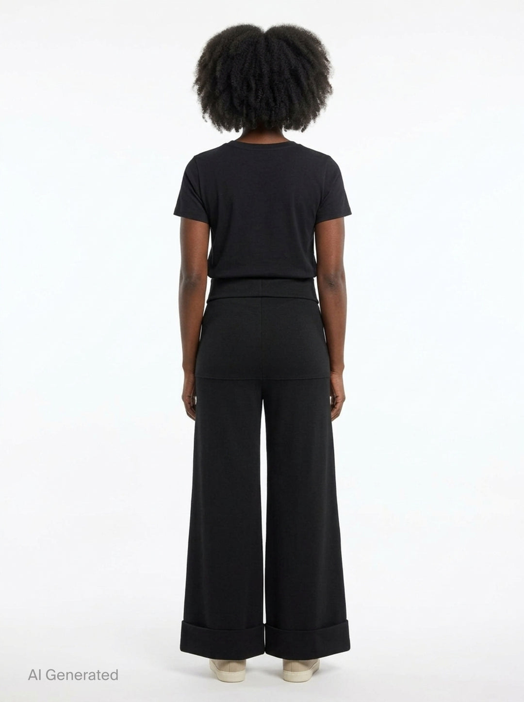Junya Watanabe straight-leg minimal pants in black, featuring a fold-over waistband, wide silhouette, centre-front seam, and deep turned cuff at the hem, displayed flat on a white background - back