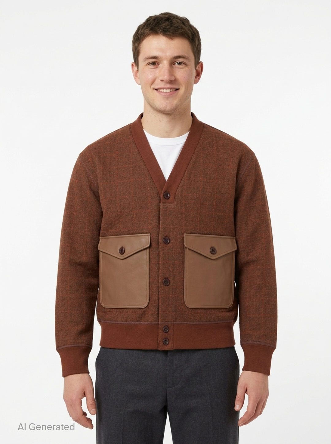 Junya Watanabe MAN wool check cardigan in brown with leather-look patch pockets, button front closure, and ribbed cuffs and hem - front