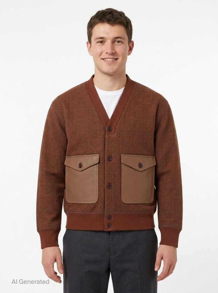 Junya Watanabe MAN wool check cardigan in brown with leather-look patch pockets, button front closure, and ribbed cuffs and hem - front