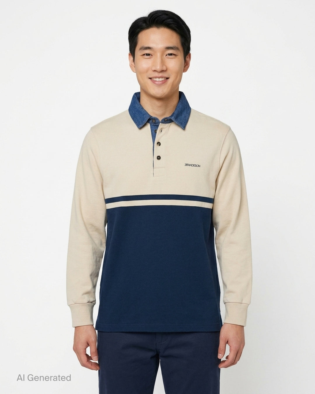 JW Anderson long sleeve polo in cream and navy colour-block with a washed denim collar, three-button placket and embroidered chest logo - front