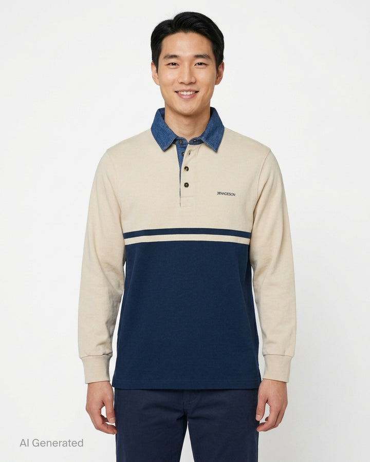 JW Anderson long sleeve polo in cream and navy colour-block with a washed denim collar, three-button placket and embroidered chest logo - front