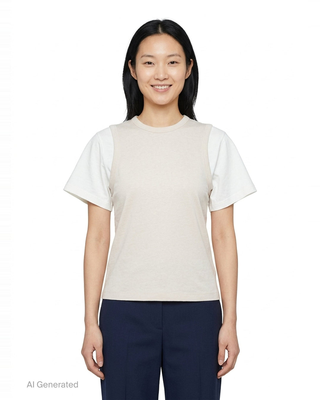 JW Anderson Double Layered T-Shirt with cream cotton body and contrasting white short sleeves, featuring a cut-out shoulder construction and crew neckline, displayed flat on a white background - front