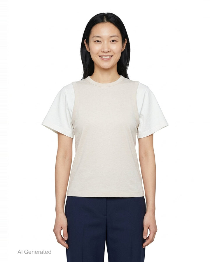 JW Anderson Double Layered T-Shirt with cream cotton body and contrasting white short sleeves, featuring a cut-out shoulder construction and crew neckline, displayed flat on a white background - front