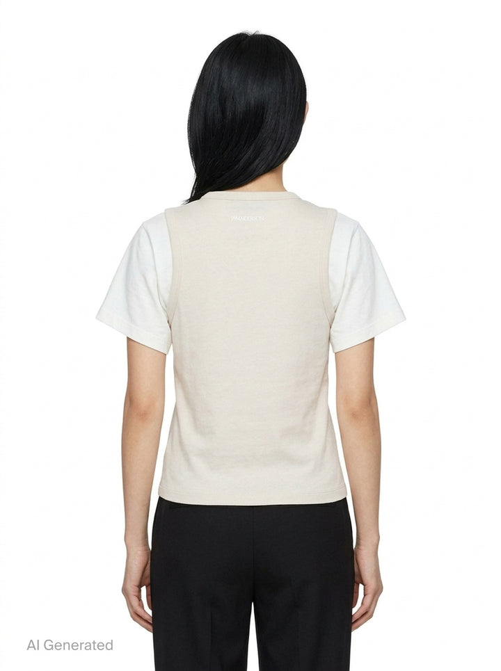 JW Anderson Double Layered T-Shirt with cream cotton body and contrasting white short sleeves, featuring a cut-out shoulder construction and crew neckline, displayed flat on a white background - back