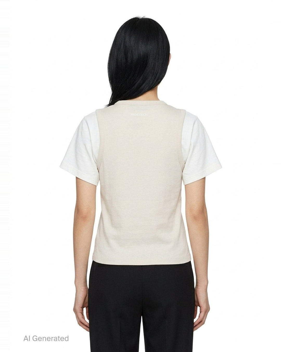 JW Anderson Double Layered T-Shirt with cream cotton body and contrasting white short sleeves, featuring a cut-out shoulder construction and crew neckline, displayed flat on a white background - back