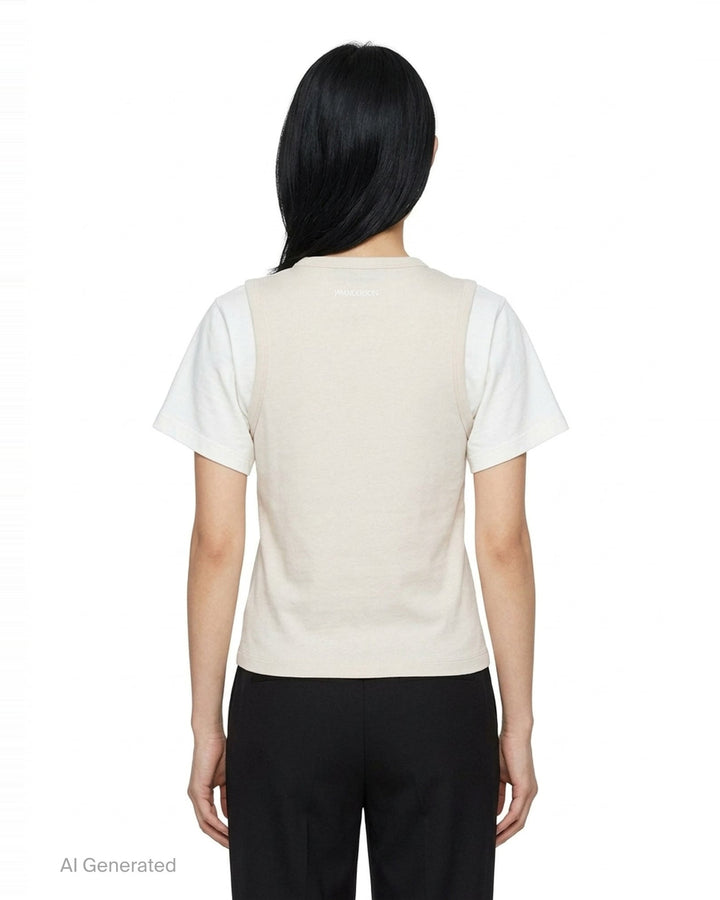JW Anderson Double Layered T-Shirt with cream cotton body and contrasting white short sleeves, featuring a cut-out shoulder construction and crew neckline, displayed flat on a white background - back