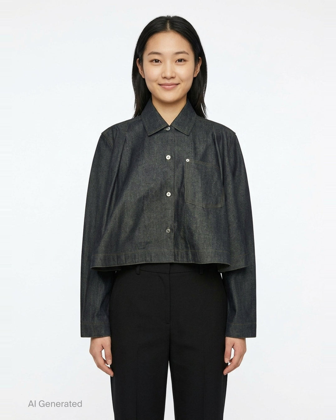JW Anderson dark indigo lightweight denim flare hem shirt with detached dropped sleeves, cropped body, point collar, patch chest pocket, and mixed mother-of-pearl button fastening — front view - front