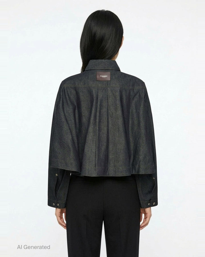 JW Anderson dark indigo lightweight denim flare hem shirt with detached dropped sleeves, cropped body, point collar, patch chest pocket, and mixed mother-of-pearl button fastening — front view - back