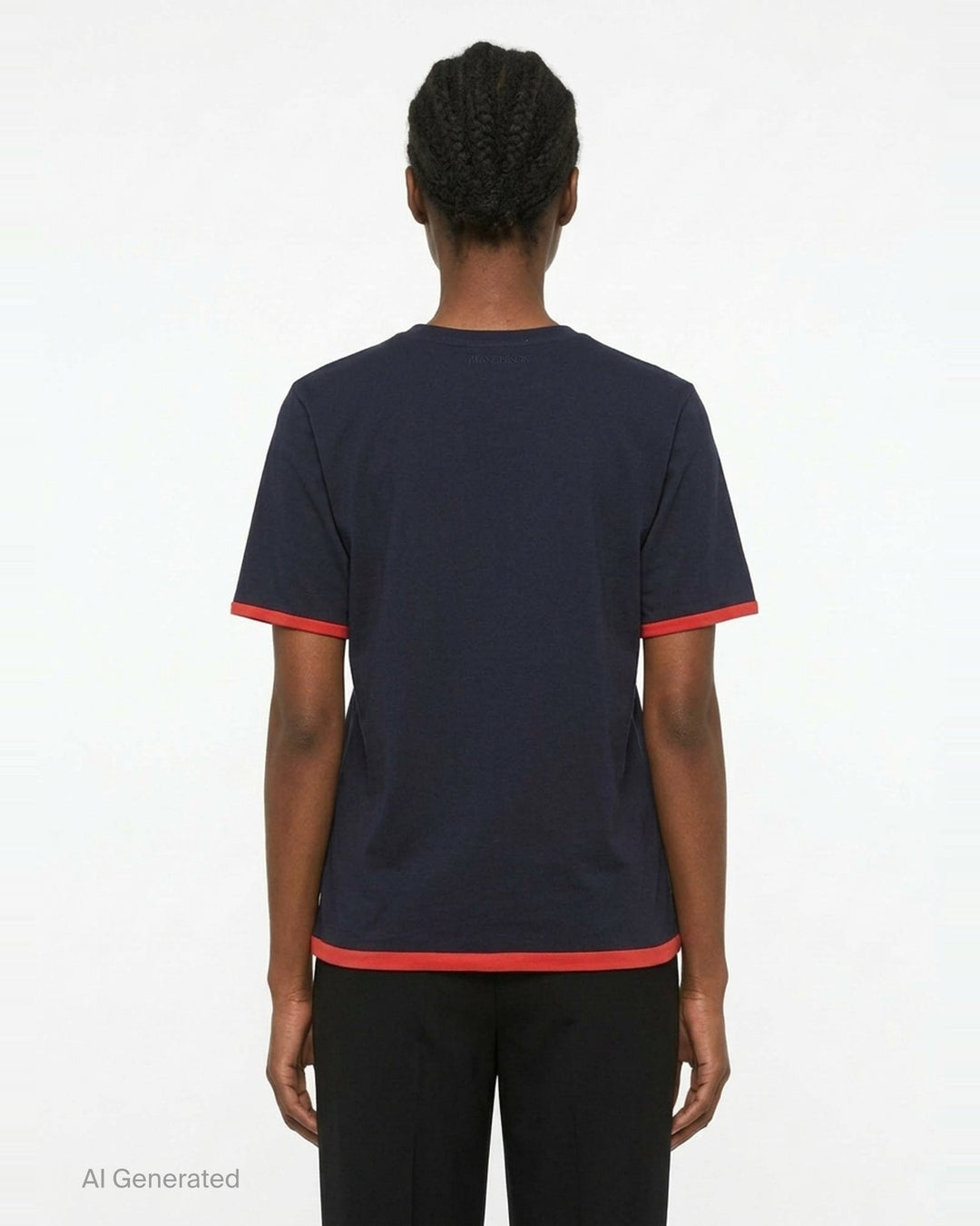 JW Anderson navy short sleeve t-shirt with red cursive 'in the shade' chest embroidery and contrast red sleeve and hem trim detailing - back