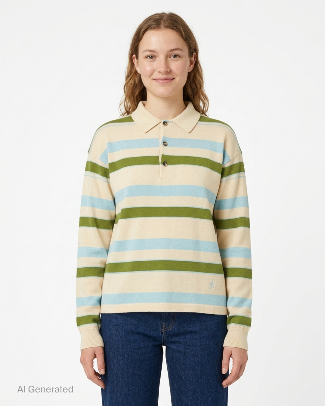 JW Anderson Rugby Knitted Polo in cream with green and light blue horizontal stripes, collar, three-button placket and embroidered anchor logo - front