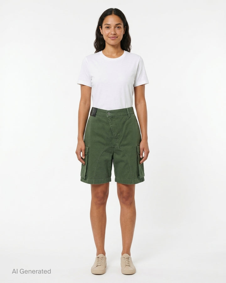 JW Anderson twisted patch pocket cargo shorts in washed olive green cotton with asymmetric waistband and flap pockets - front