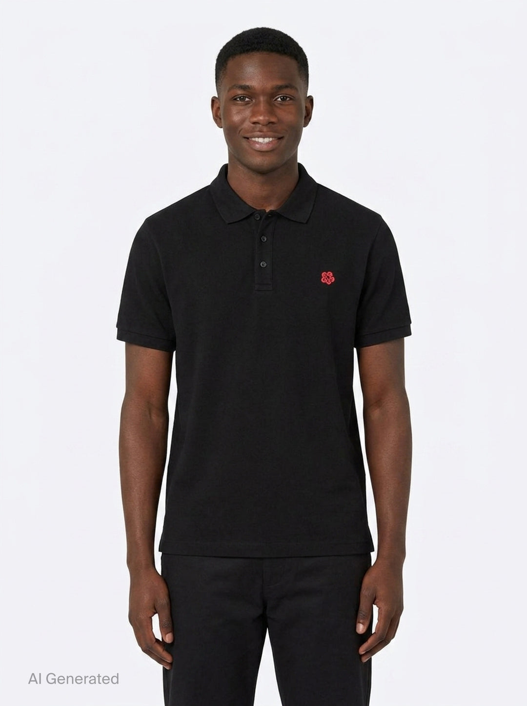 Kenzo black piqué cotton polo shirt with embroidered Boke flower crest and three-button placket - front