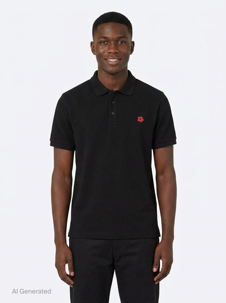Kenzo black piqué cotton polo shirt with embroidered Boke flower crest and three-button placket - front