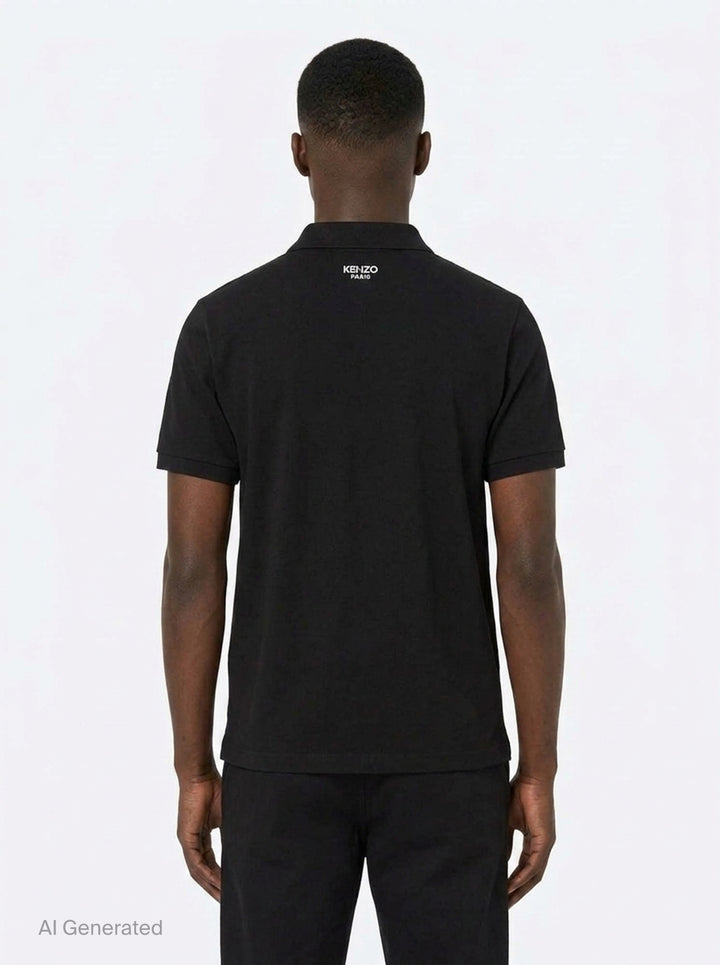 Kenzo black piqué cotton polo shirt with embroidered Boke flower crest and three-button placket - back