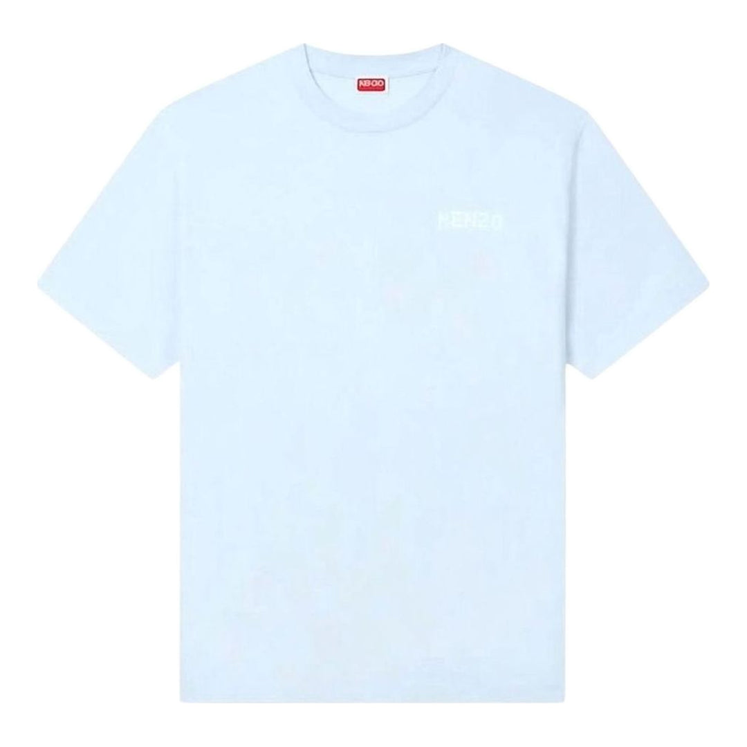 Kenzo City Classic T-Shirt in pale blue with tonal chest logo print and red woven neck label, flat lay front view - packshot