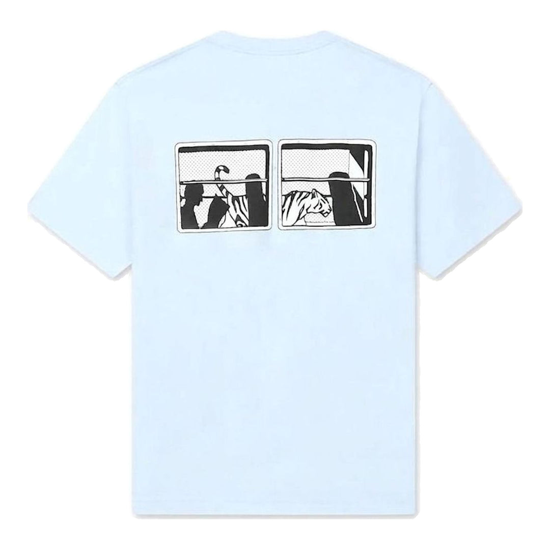 Kenzo City Classic T-Shirt in pale blue with tonal chest logo print and red woven neck label, flat lay front view - packshot
