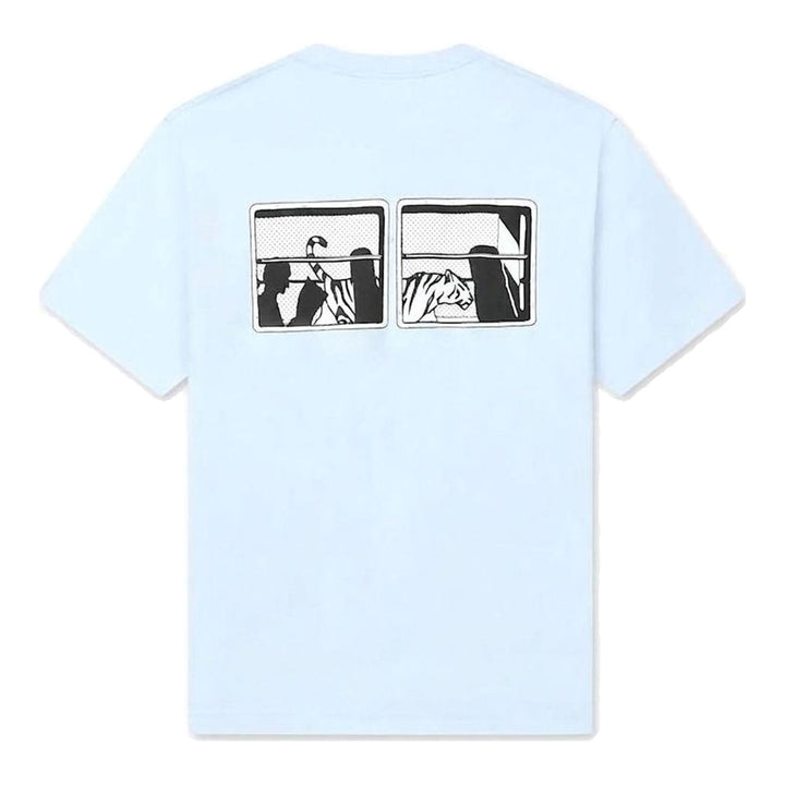Kenzo City Classic T-Shirt in pale blue with tonal chest logo print and red woven neck label, flat lay front view - packshot