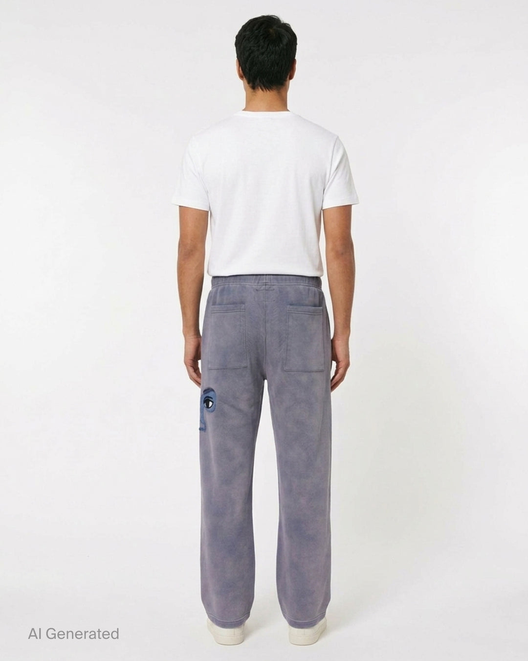 KidSuper Studios Face Sweatpants in washed lavender-grey with an appliqué eye patch and drawstring waist - back