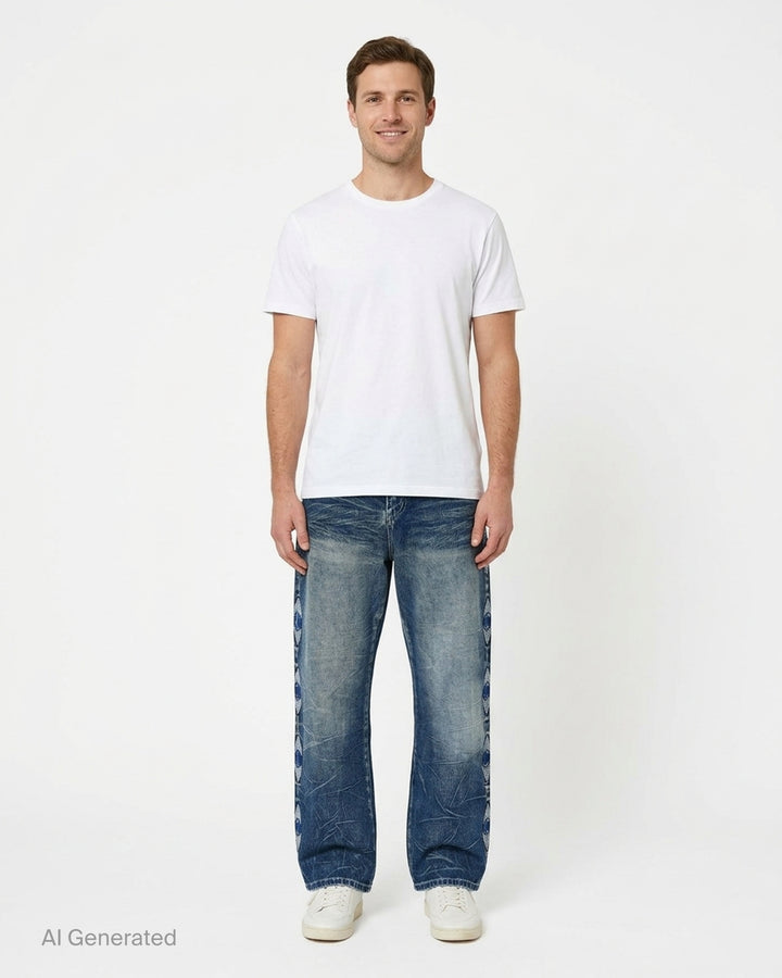 KidSuper Studios Gemstone Eye Embroidery Jeans in faded indigo denim with beaded eye embroidery along both outer legs, shown from the front - front