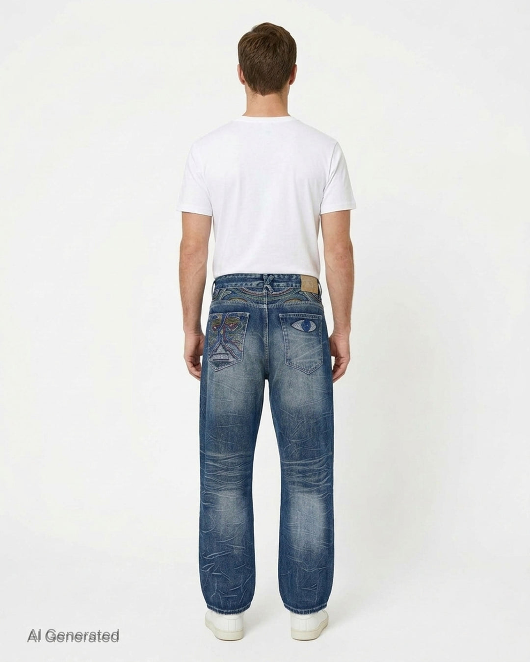 KidSuper Studios Gemstone Eye Embroidery Jeans in faded indigo denim with beaded eye embroidery along both outer legs, shown from the front - back