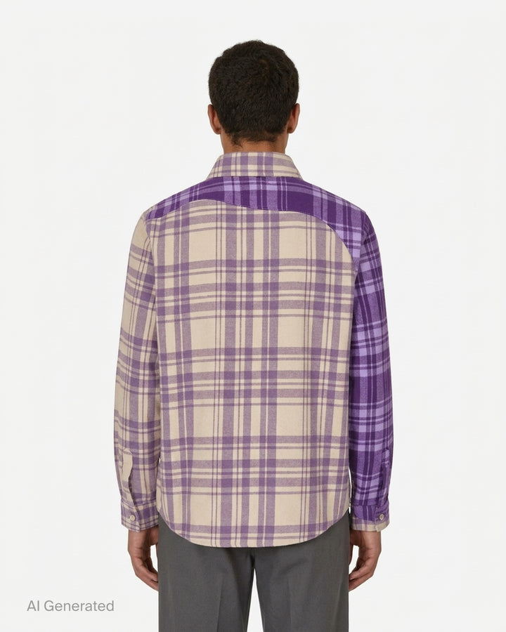 KidSuper Studios Patchwork Face Flannel Shirt in purple and cream plaid with abstract appliqué face panels, shown from the front - back