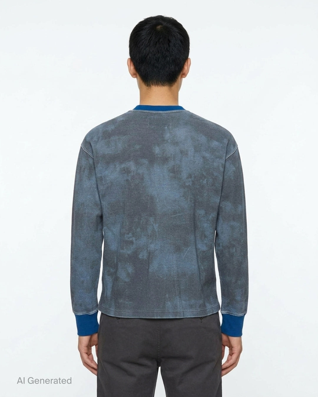 KidSuper Studios Puppet Master Thermal in washed grey-blue tie-dye waffle knit with a painted dancer graphic, white dove embroidery and contrast blue collar and cuffs - back