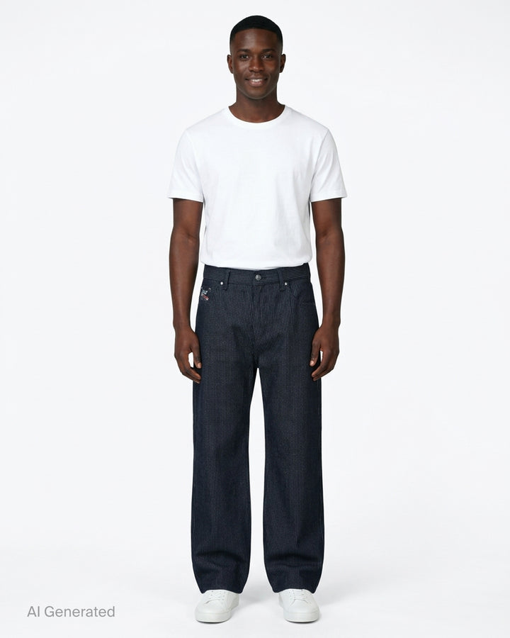 KidSuper Studios Stripe Dove Denim Pants in dark indigo with fine vertical pinstripes, a ridged waistband and a wide-leg cut, shown from the front - front