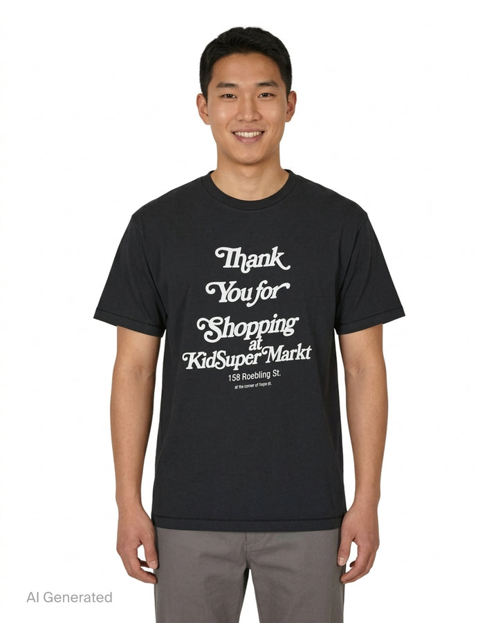 KidSuper Studios black short-sleeve Thank You for Shopping Tee with white retro script graphic and KidSuper Market address print - front