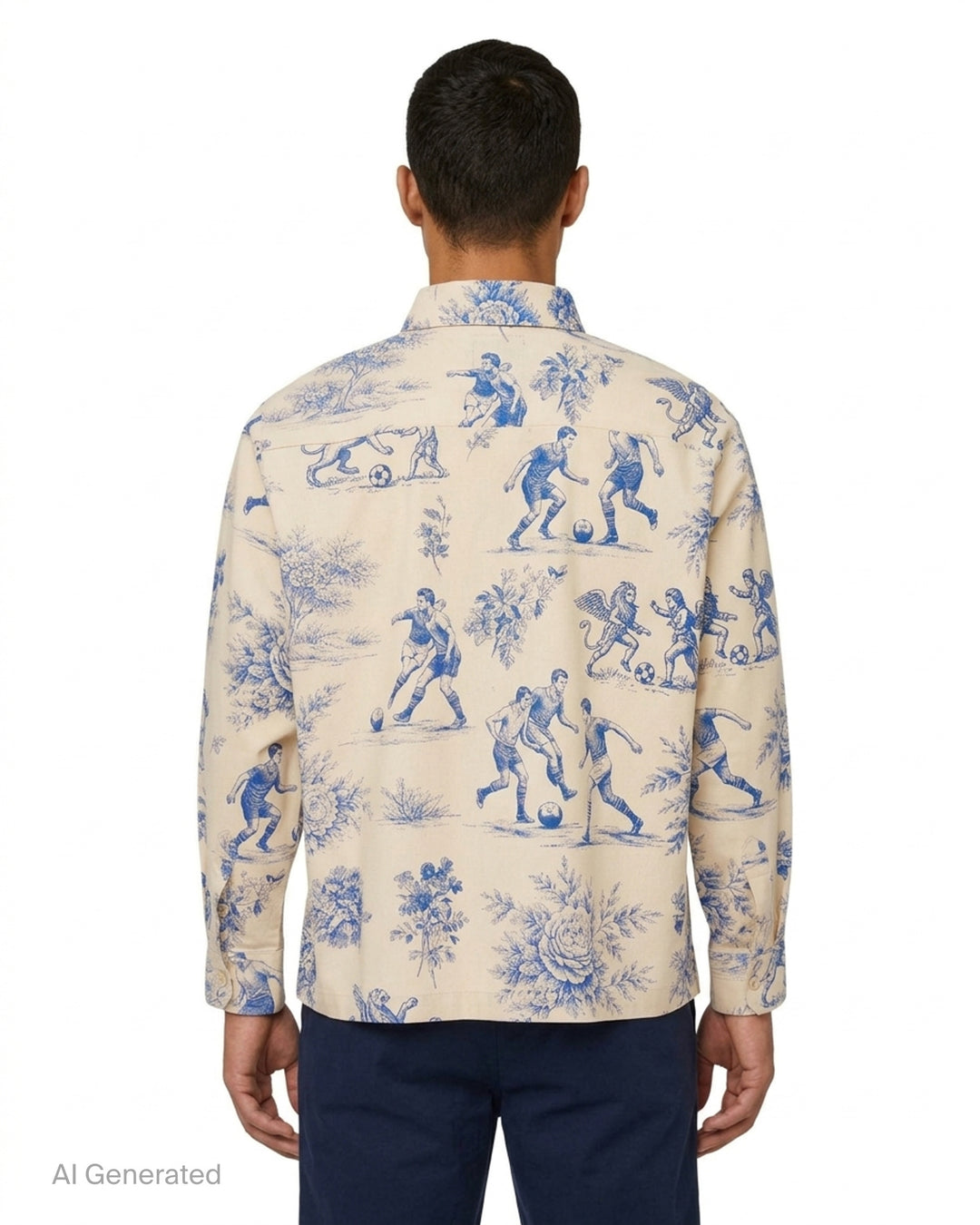 KidSuper Studios cream long sleeve button-up shirt with blue toile de Jouy print of footballers, winged griffins and peonies, with asymmetric collar and chest pocket - back