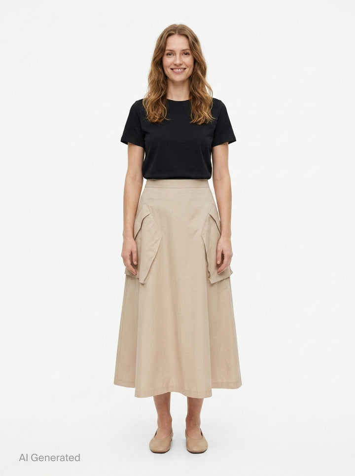 Beige A-Line Midi Skirt | Kumann YHJ | Club21 - front
