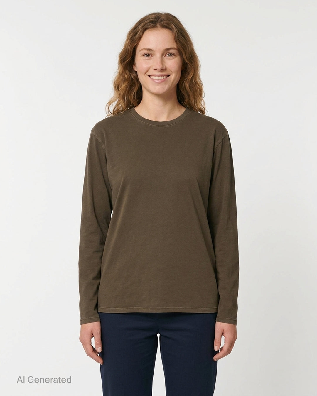 Lauren Manoogian Bias Long Sleeve Tee in washed olive-brown jersey with crewneck and dropped shoulders, front view - front