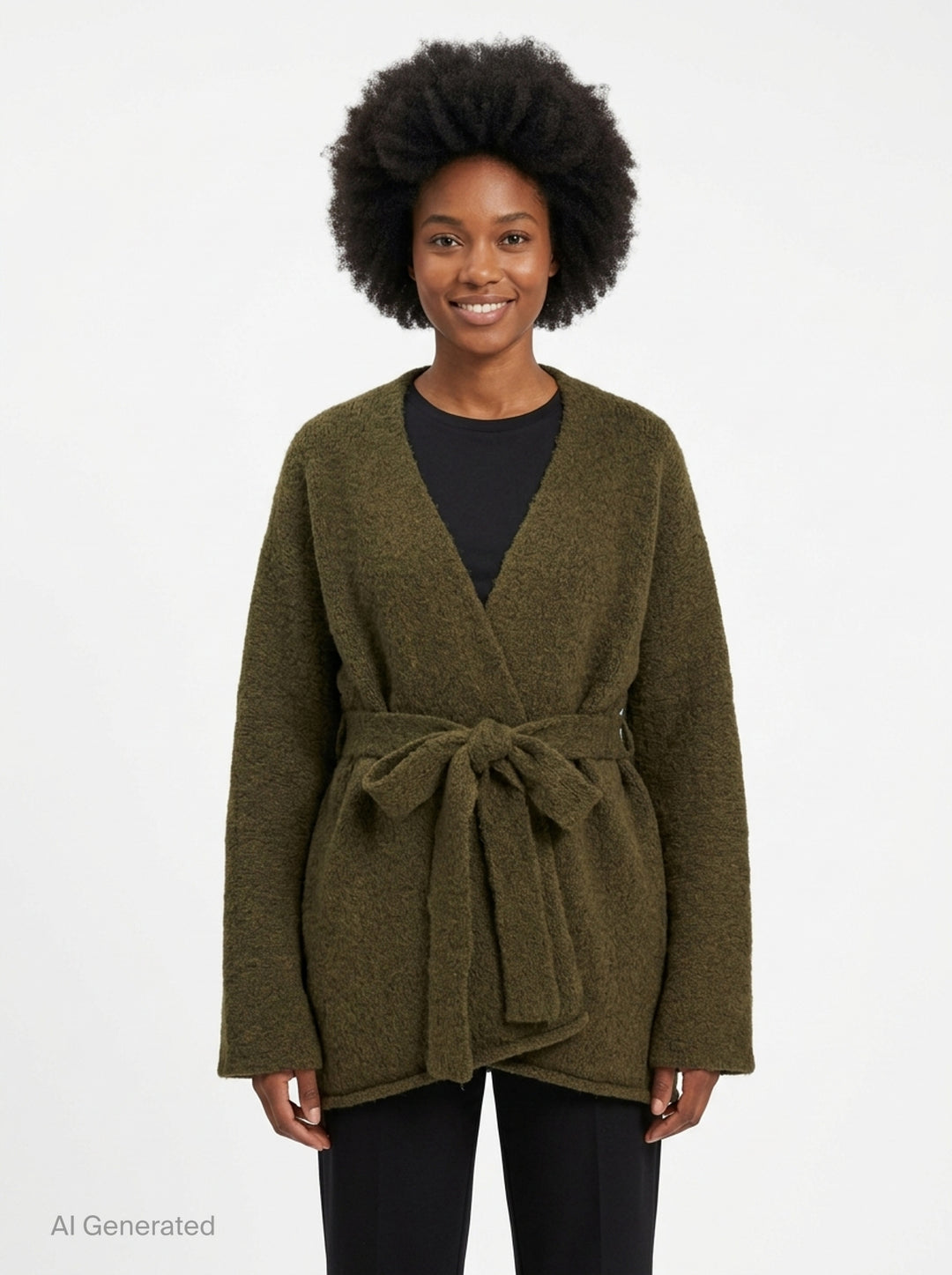 Lauren Manoogian Coto Belted Cardigan in olive, featuring a deep V-neck wrap silhouette and self-tie waist belt, flat lay on white background - front
