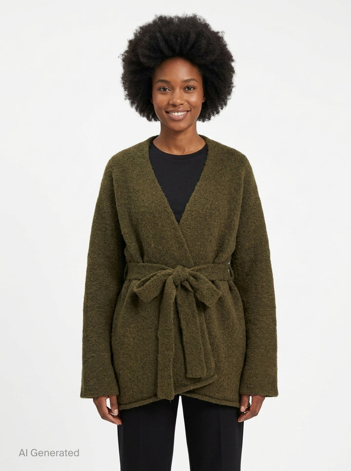 Lauren Manoogian Coto Belted Cardigan in olive, featuring a deep V-neck wrap silhouette and self-tie waist belt, flat lay on white background - front