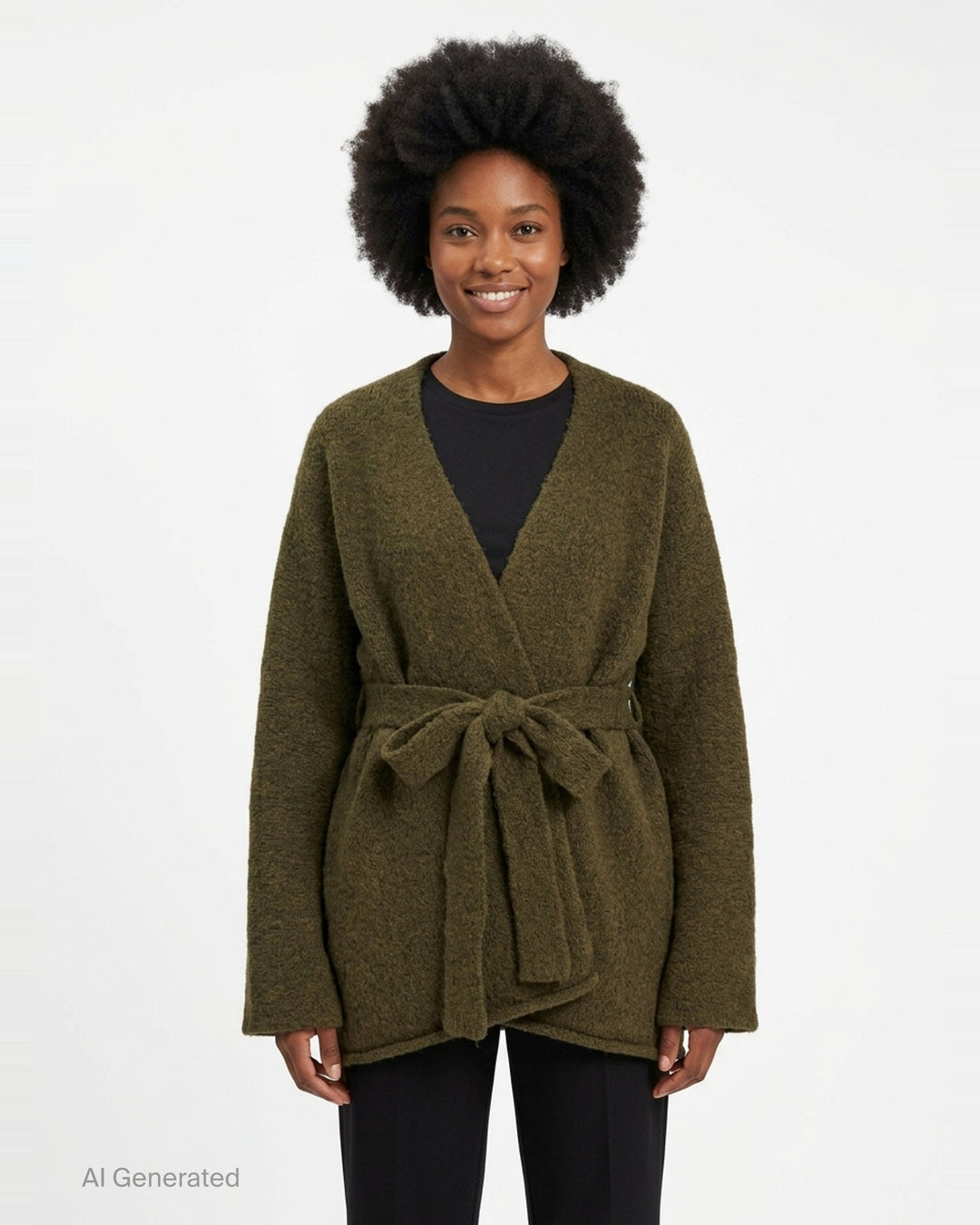 Lauren Manoogian Coto Belted Cardigan in olive, featuring a deep V-neck wrap silhouette and self-tie waist belt, flat lay on white background - front