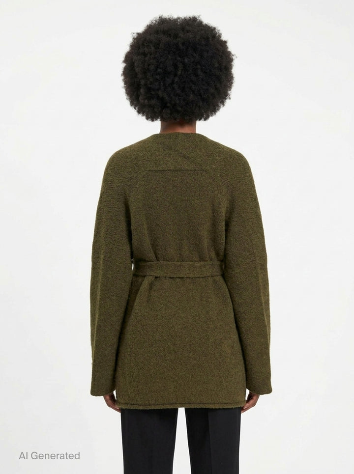 Lauren Manoogian Coto Belted Cardigan in olive, featuring a deep V-neck wrap silhouette and self-tie waist belt, flat lay on white background - back