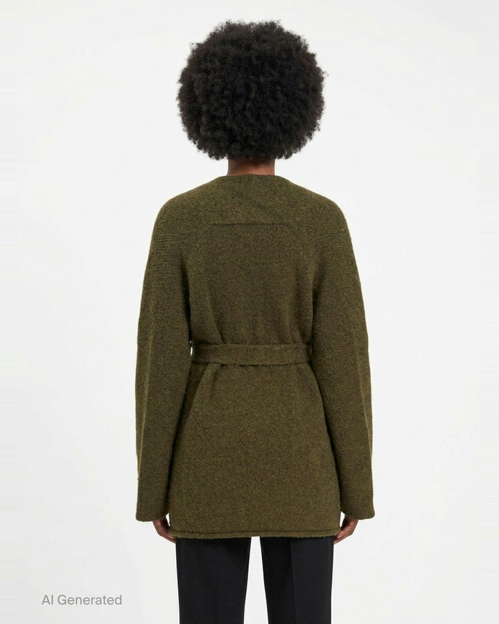 Lauren Manoogian Coto Belted Cardigan in olive, featuring a deep V-neck wrap silhouette and self-tie waist belt, flat lay on white background - back
