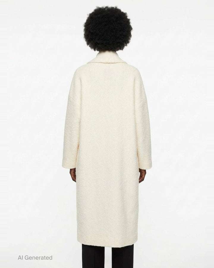 Lauren Manoogian Double Face Long Coat in ivory, displayed flat with shawl collar, dropped shoulders, patch pockets, and open-front silhouette - back