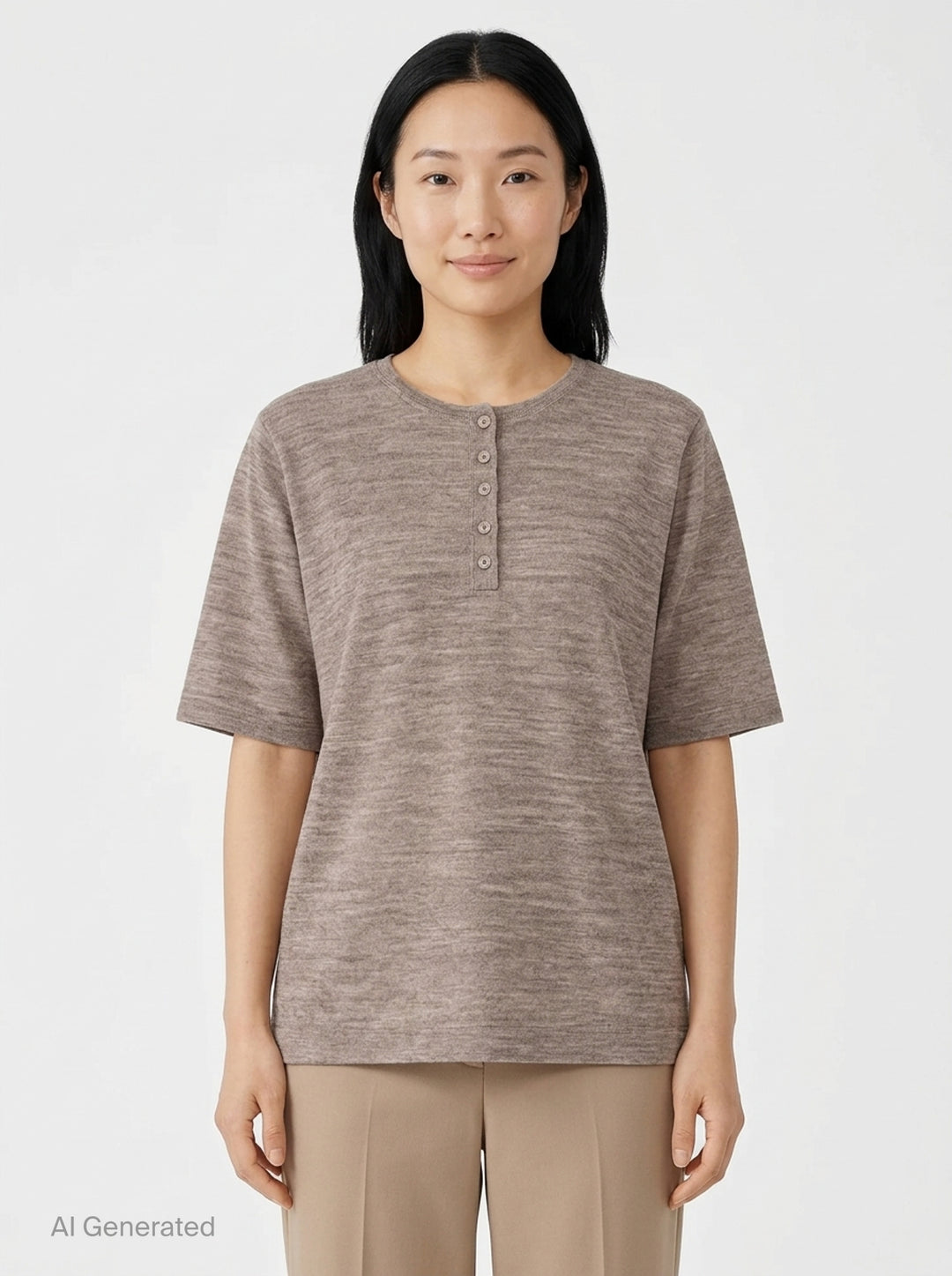 Lauren Manoogian Fine Henley knit top in heathered taupe with short sleeves, a round neck, and a partial button placket, shown flat on a white background - front