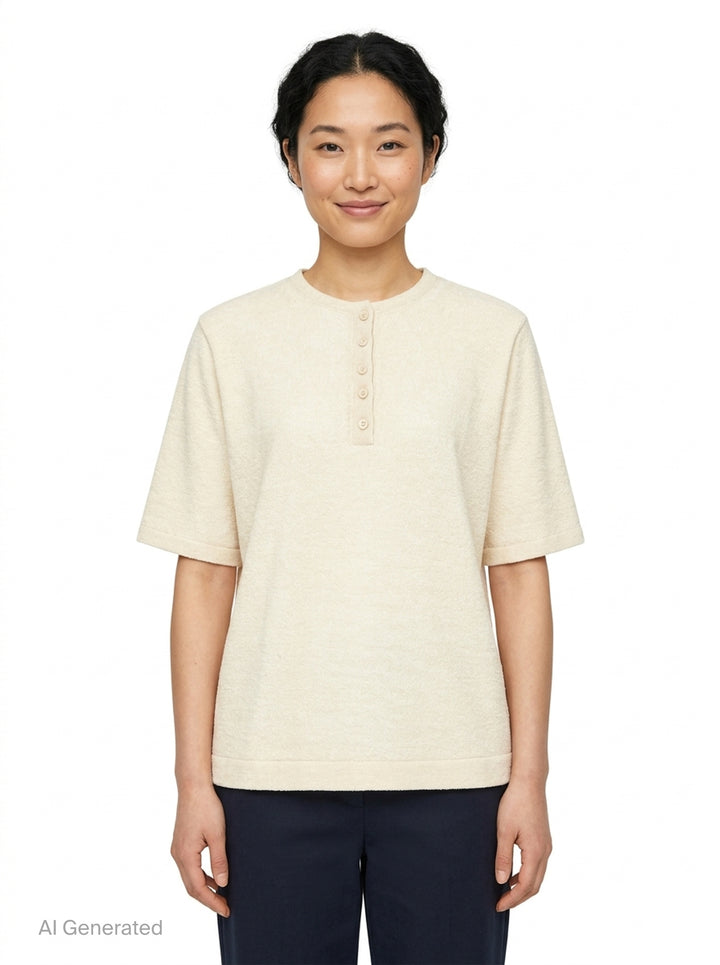 Lauren Manoogian Fine Henley knit top in heathered taupe with short sleeves, a round neck, and a partial button placket, shown flat on a white background - front