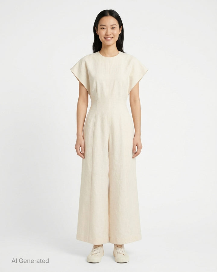 Black cap-sleeve wide-leg jumpsuit with pleated front and cinched waist by Lauren Manoogian - front