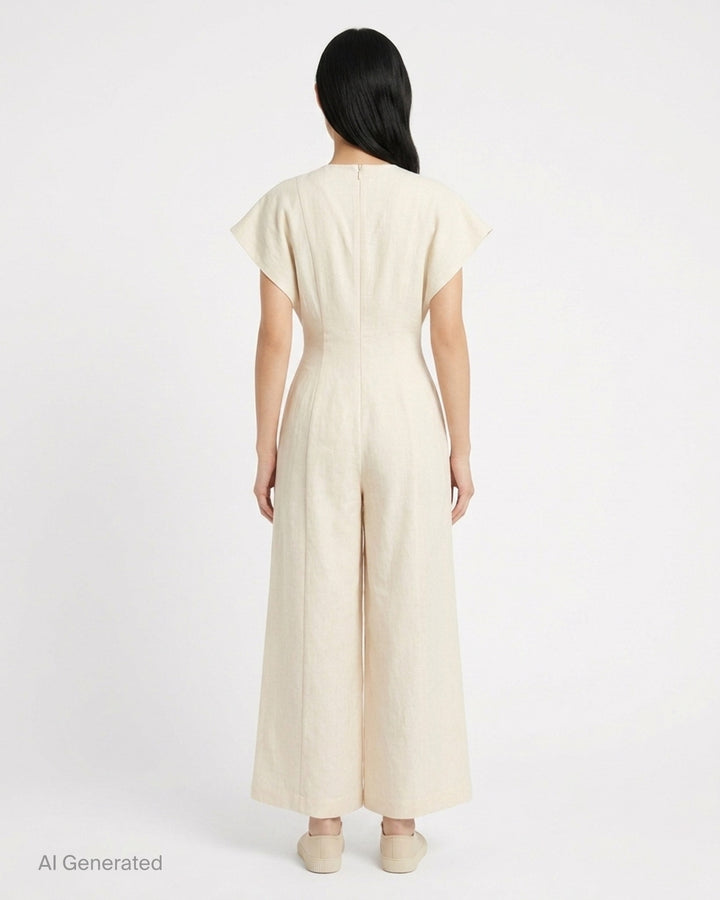 Black cap-sleeve wide-leg jumpsuit with pleated front and cinched waist by Lauren Manoogian - back