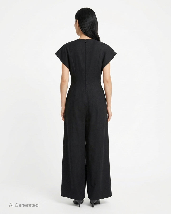 Black cap-sleeve wide-leg jumpsuit with pleated front and cinched waist by Lauren Manoogian - back