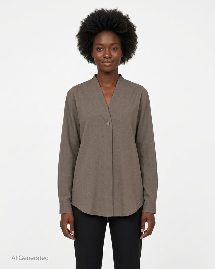 Lauren Manoogian Lap Shirt in earthy brown with a V-neck, single button closure and long sleeves, shown flat from the front - front