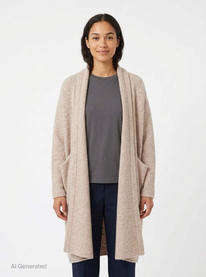 Lauren Manoogian Long Shawl Cardigan in heathered oatmeal, laid flat showing open-front silhouette, wide shawl collar, hip pockets, and woven brand label - front