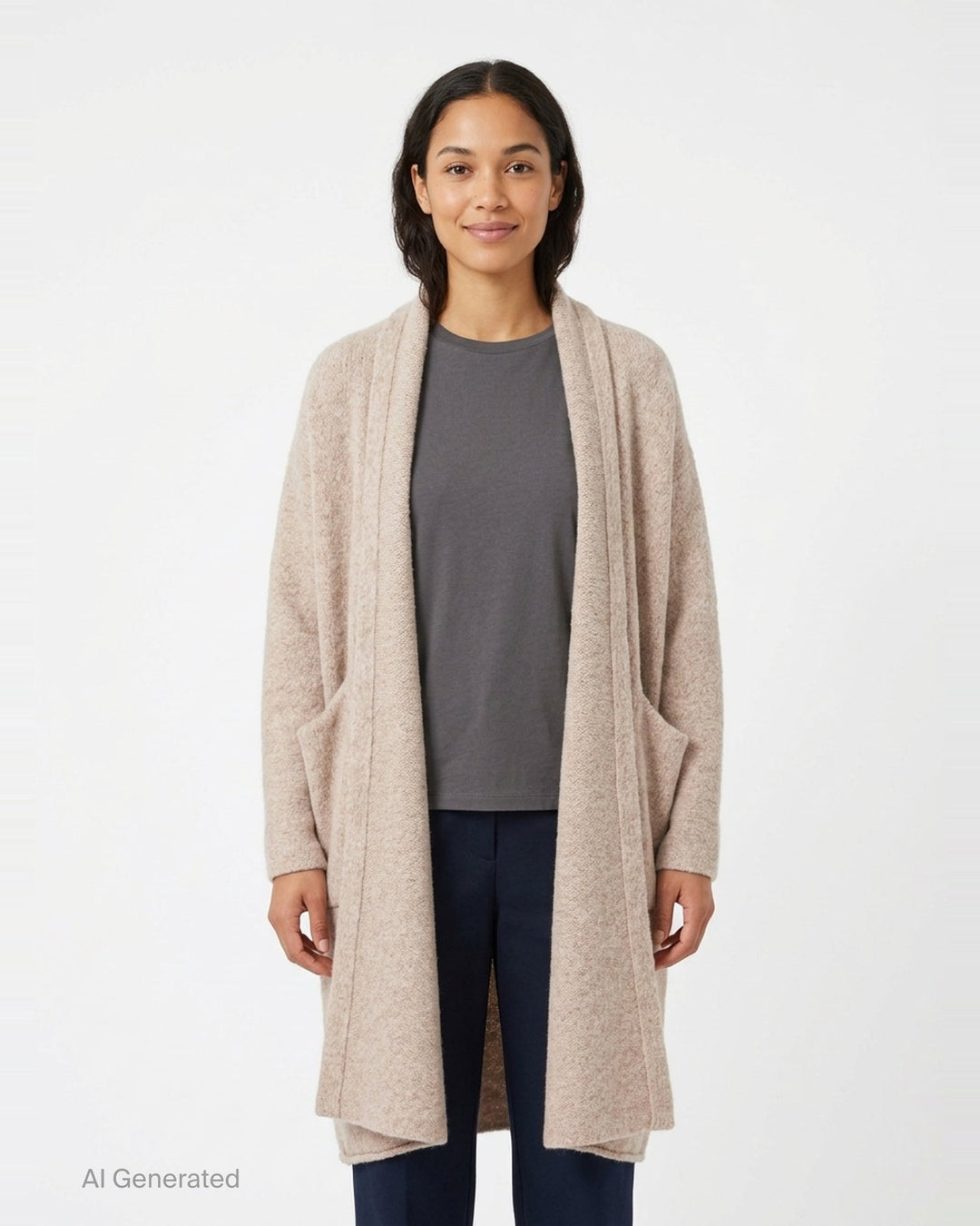 Lauren Manoogian Long Shawl Cardigan in heathered oatmeal, laid flat showing open-front silhouette, wide shawl collar, hip pockets, and woven brand label - front
