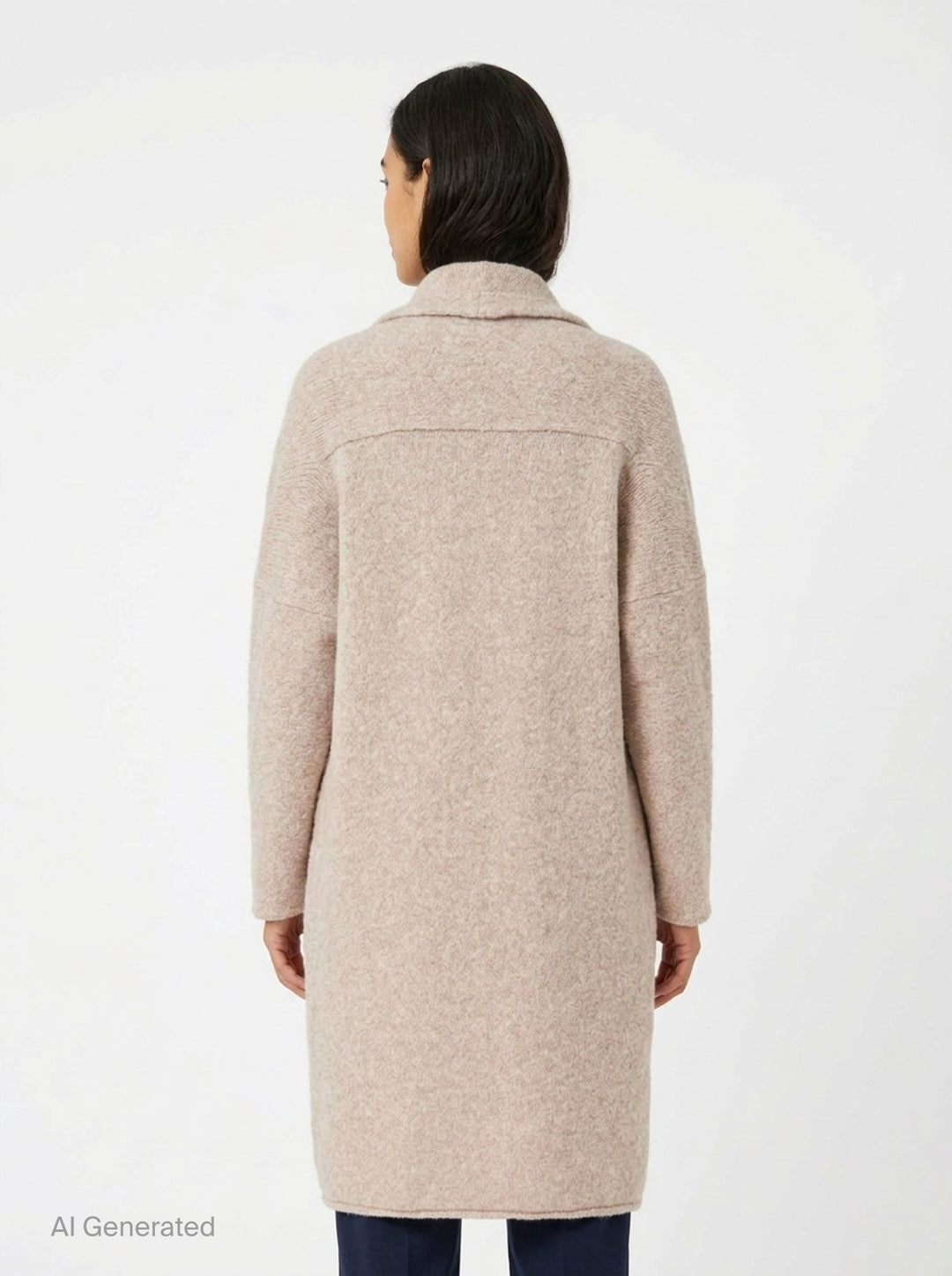 Lauren Manoogian Long Shawl Cardigan in heathered oatmeal, laid flat showing open-front silhouette, wide shawl collar, hip pockets, and woven brand label - back