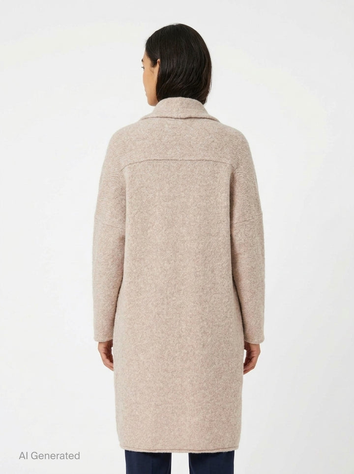 Lauren Manoogian Long Shawl Cardigan in heathered oatmeal, laid flat showing open-front silhouette, wide shawl collar, hip pockets, and woven brand label - back