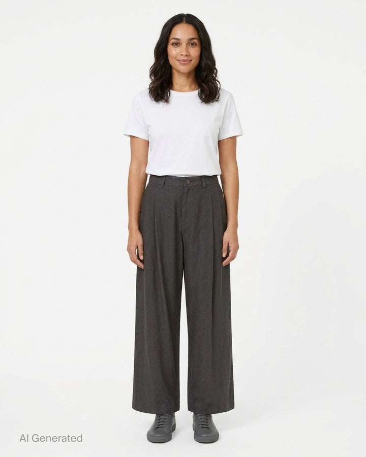 Lauren Manoogian Soft Trousers in charcoal with front pleats, high waist and wide cropped leg, shown flat from the front - front