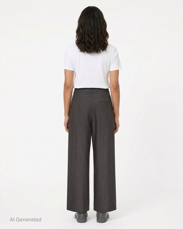 Lauren Manoogian Soft Trousers in charcoal with front pleats, high waist and wide cropped leg, shown flat from the front - back